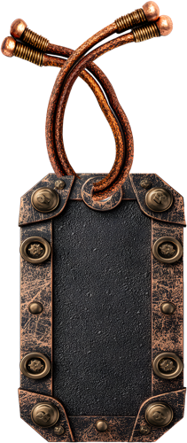 A riveted metal tag on a leather cord from the Echoes of Time kit