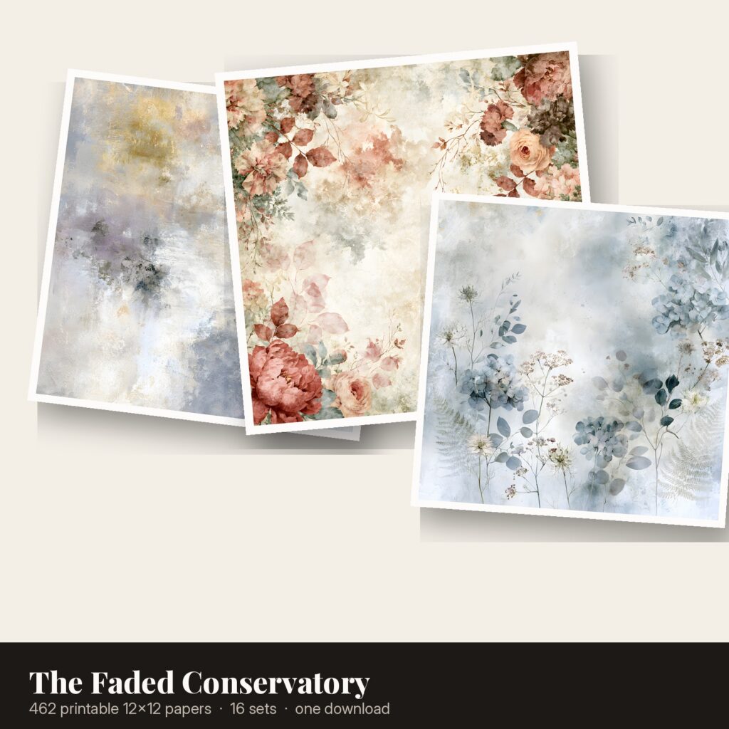Three printable 12x12 watercolour floral scrapbook papers from The Faded Conservatory bundle