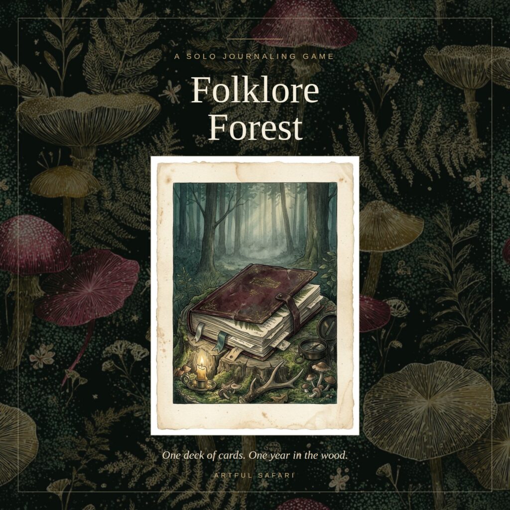 Folklore Forest solo journaling game cover with an enchanted woodland book