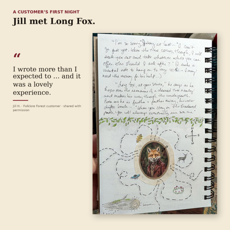 Jill's real first Folklore Forest journal page, featuring Long Fox