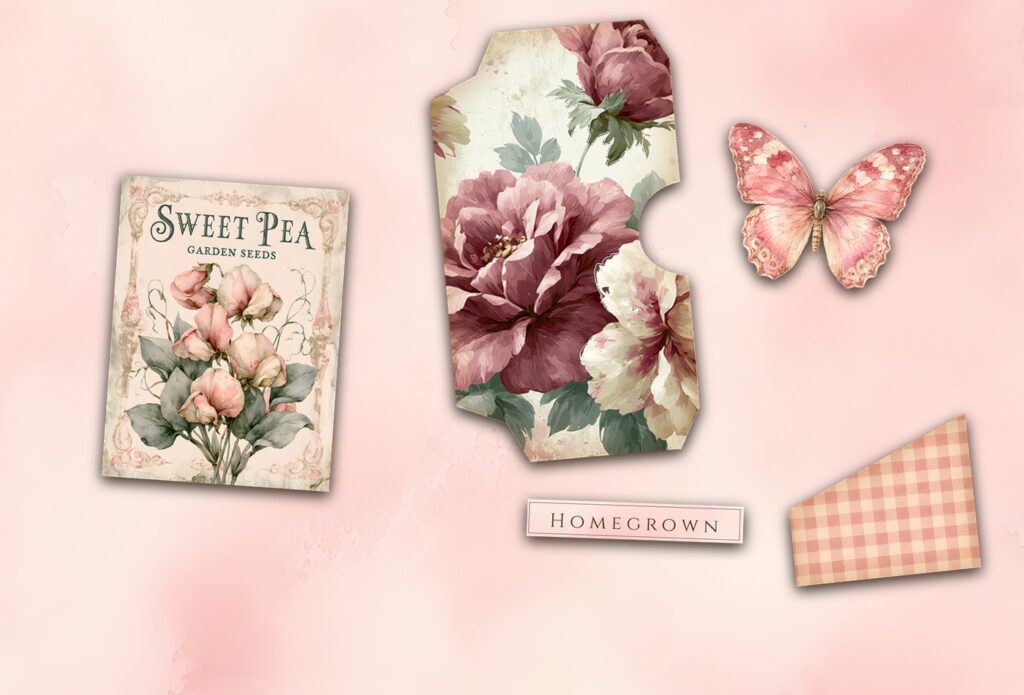 A one-colour glue book page in pinks, with a seed packet, a floral tag and a word strip