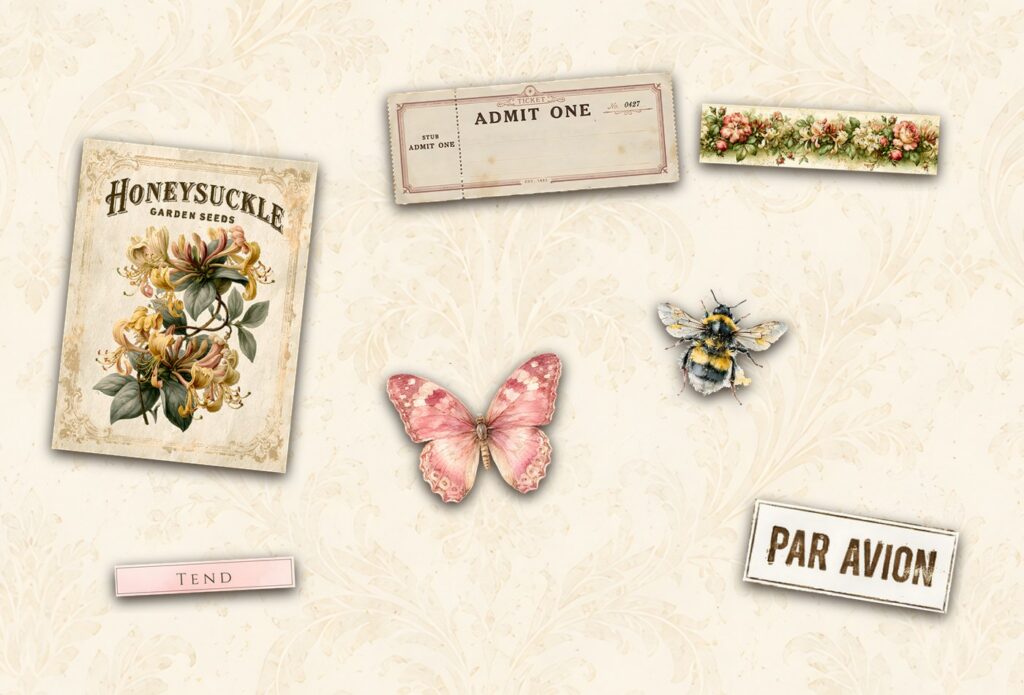 What is a glue book — a seed packet, a ticket stub and a strip of florals glued onto a cream page
