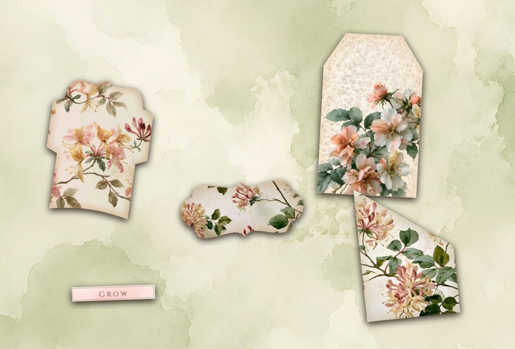 Floral tags and a folded pocket ready to be glued into a glue book page