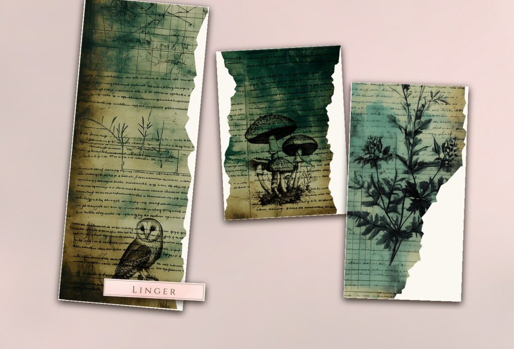 Three hand-torn paper pieces layered on a washed background in a glue book