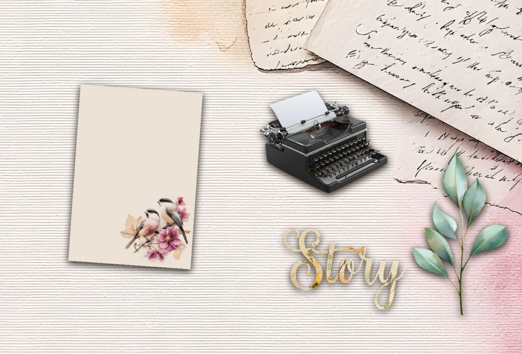 Found words and a typewriter cutting glued beside a bird card on a glue book page