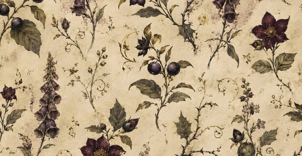 Foxglove, nightshade berries and hellebore on aged cream paper, backing for a herbal page in an Apothecaria journal