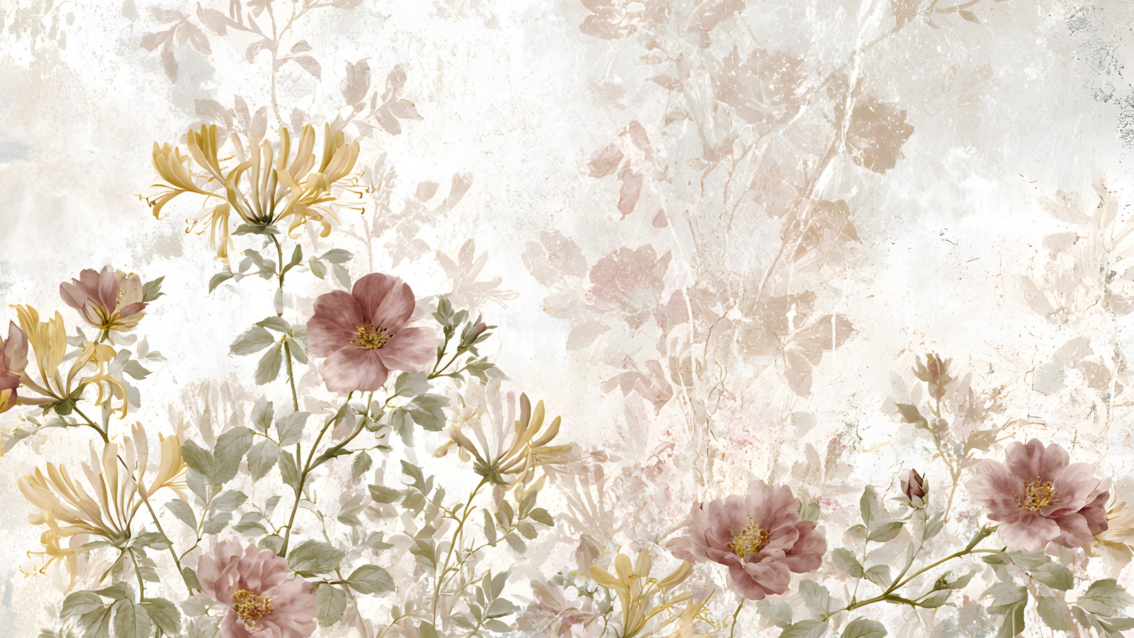 Watercolour honeysuckle and roses across a cottage garden scrapbook paper in blush, sage and cream