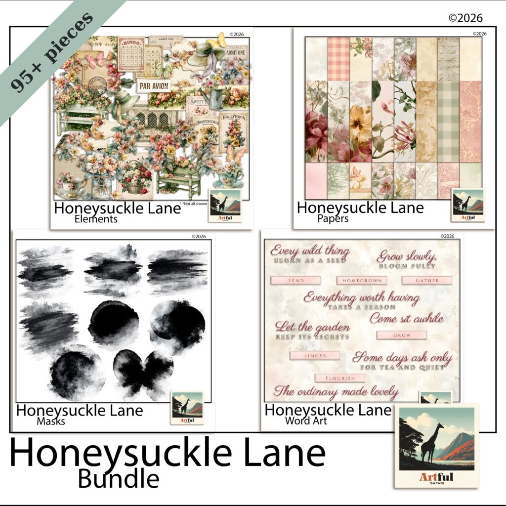 Cottage Garden Junk Journal Kit — Honeysuckle Lane Digital Scrapbook Bundle, 98 Pieces