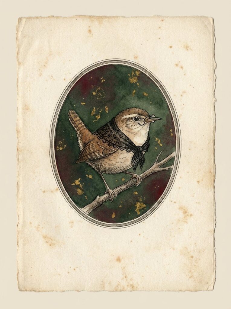 A character card from a journaling game, showing a wren figure and the prompt it carries