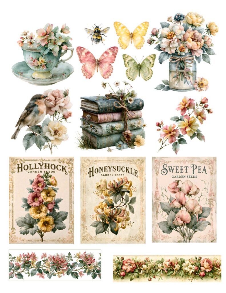 A sheet of cut-out ephemera, tags and seed packet cards of the kind you already own when you make a junk journal