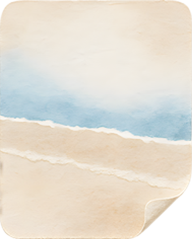A coastal card with a curled corner, for a letter home tucked into a pocket