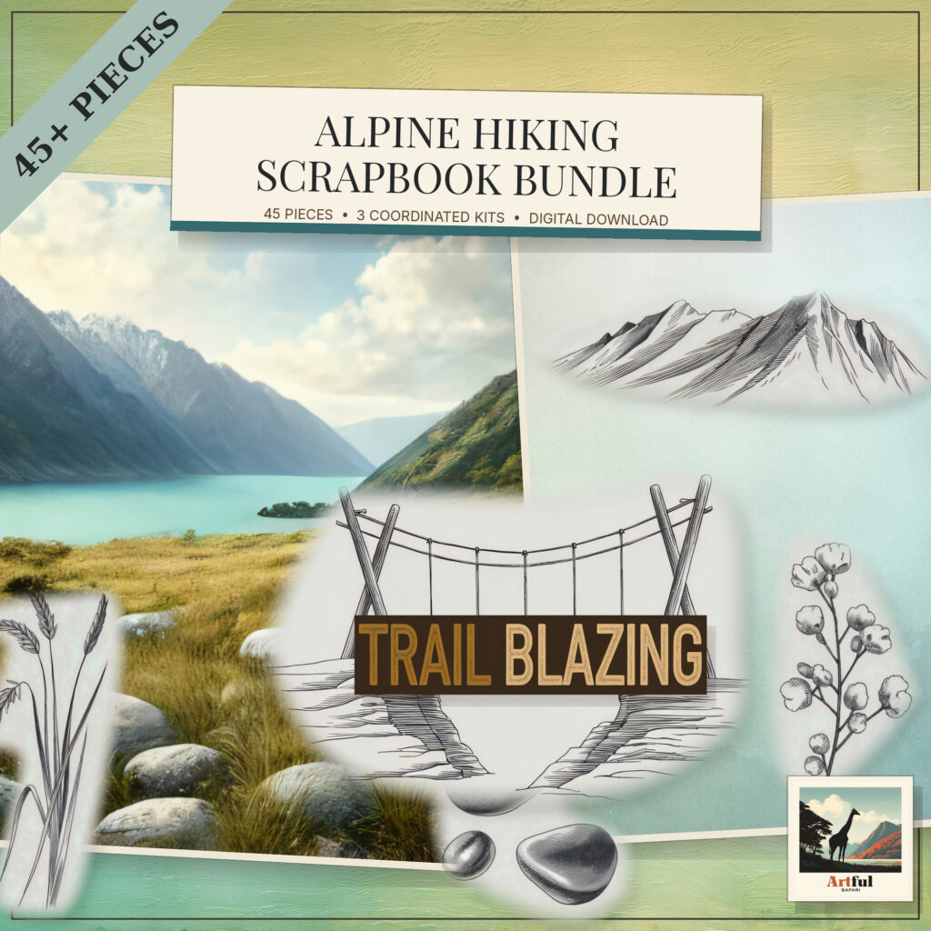 Mountain hiking scrapbook bundle with exact Hooker Valley papers and elements