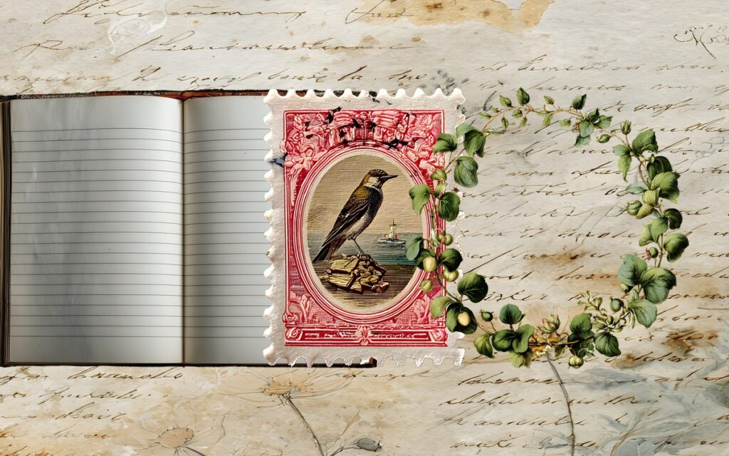 A blank open notebook with a postage stamp and a leafy wreath, waiting for a first entry