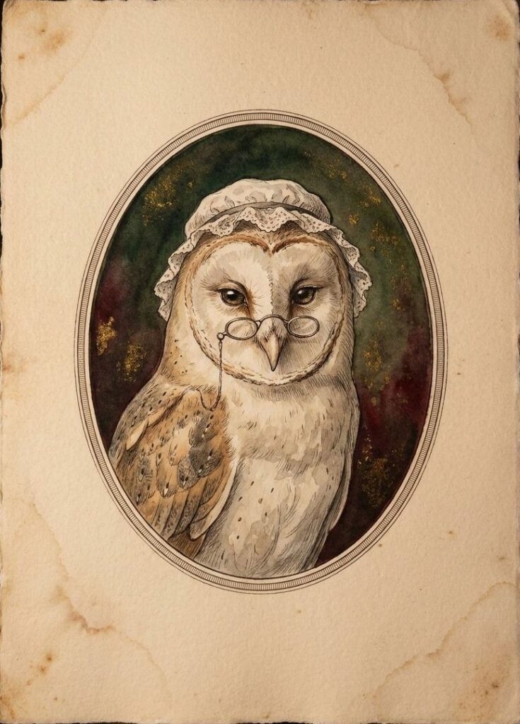 Grandmother Owl, a solo RPG character card from the Folklore Forest deck, showing a barn owl in a lace cap and spectacles