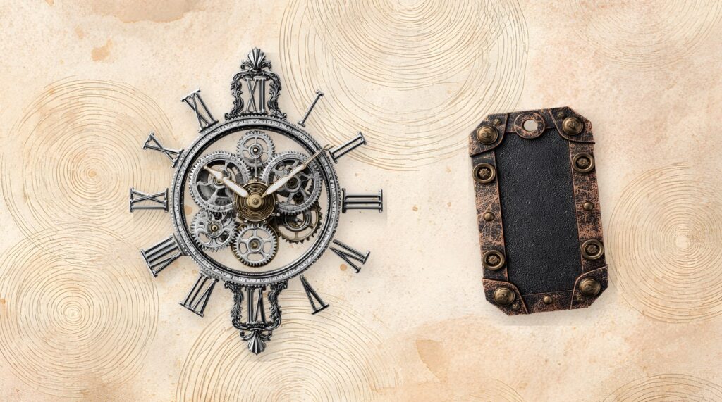 A clock face and a blank tag on patterned paper, ready for a solo TTRPG journal page