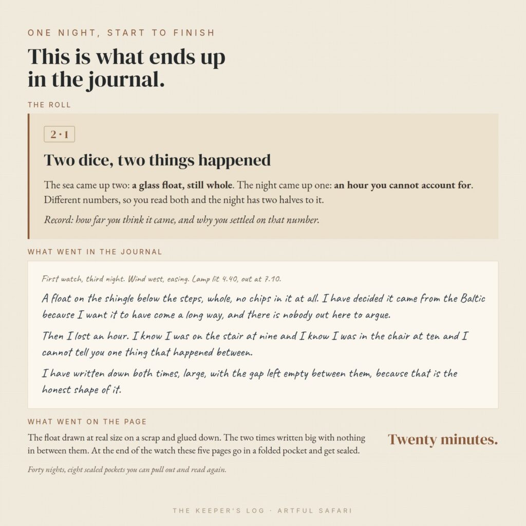 One finished night of a solo TTRPG: the roll, what went in the journal, and what went on the page