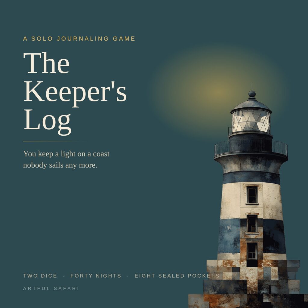 The Keeper's Log solo journaling game cover with a lighthouse in a storm