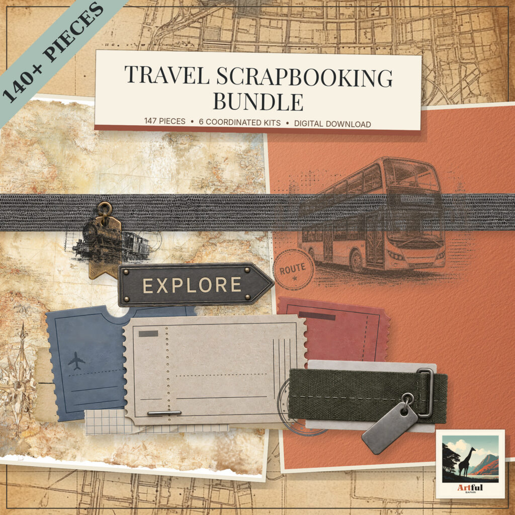 Travel scrapbooking bundle with exact Urban Travel papers and elements