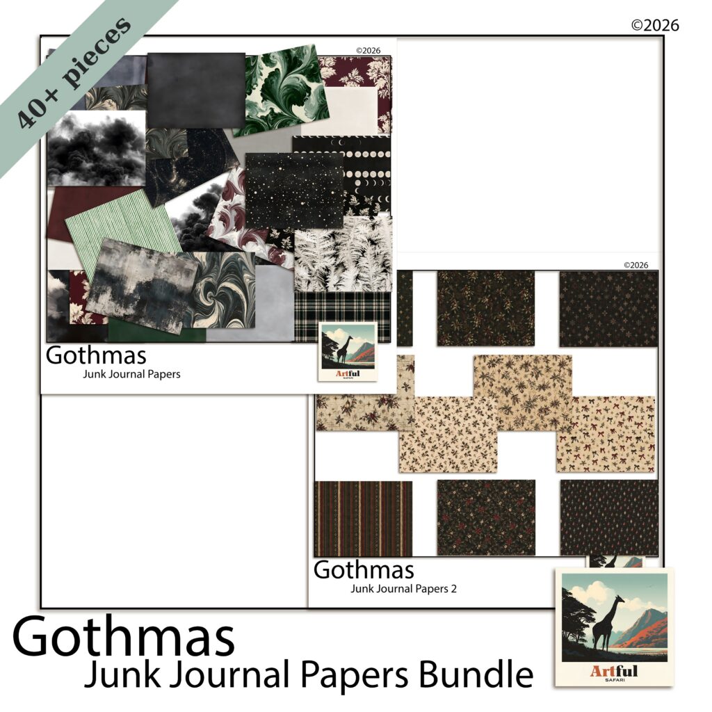 Christmas Printable Paper - Gothmas Junk Journal Bundle, 40 Landscape 11x8.5 Pages