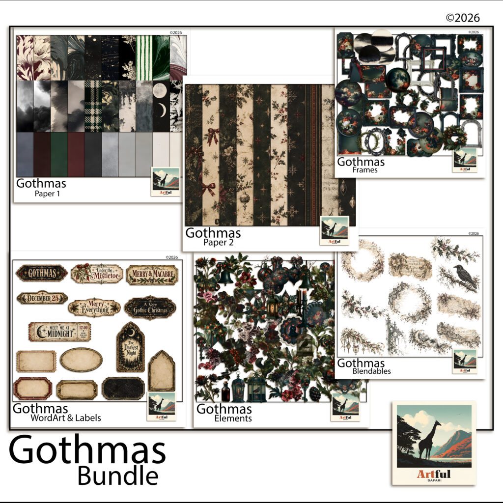 Gothic scrapbook kit preview showing dark Christmas papers, hellebore clipart, ornate frames and word art plaques