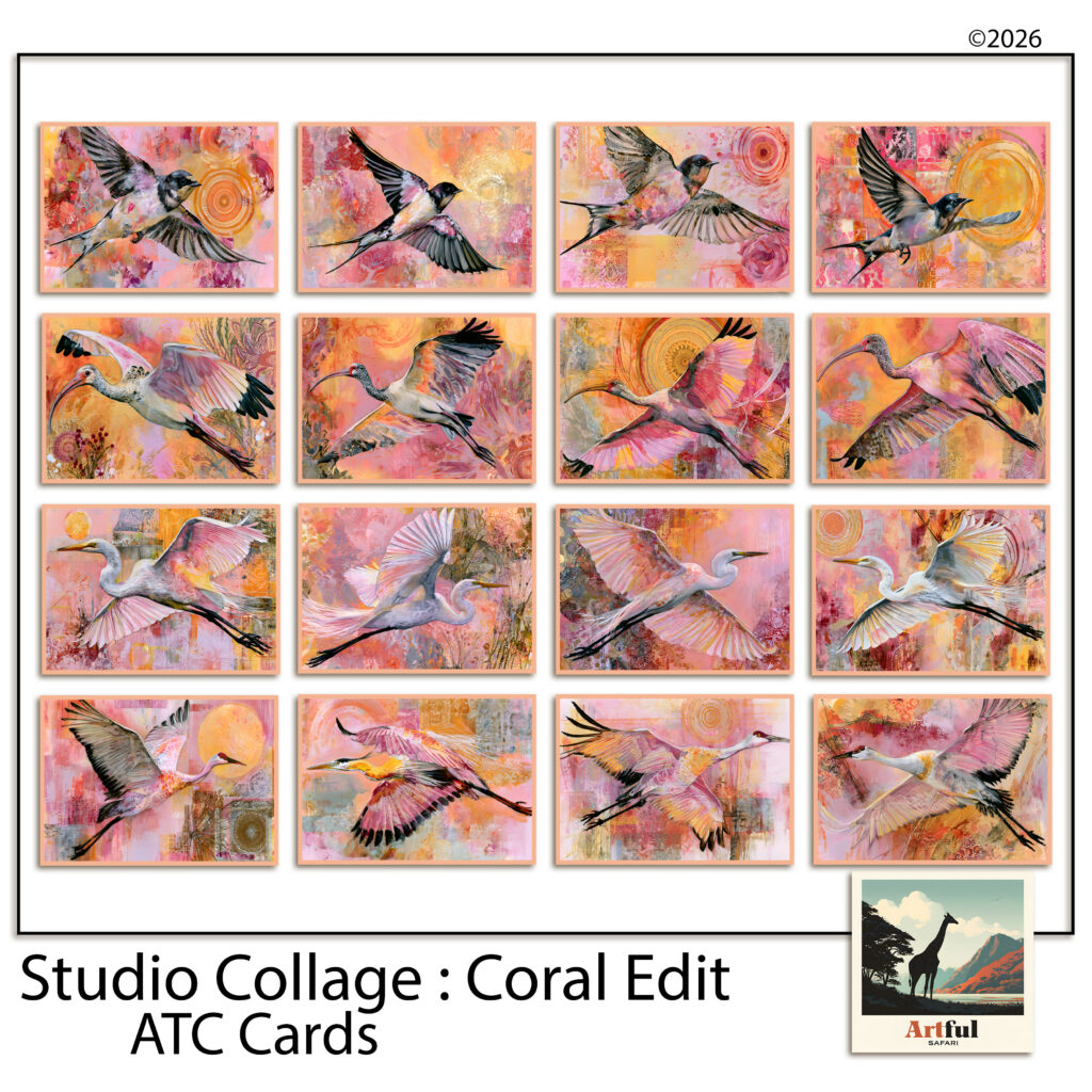 ATC Cards - Coral Edit, 16 Printable Artist Trading Cards of Birds in Flight