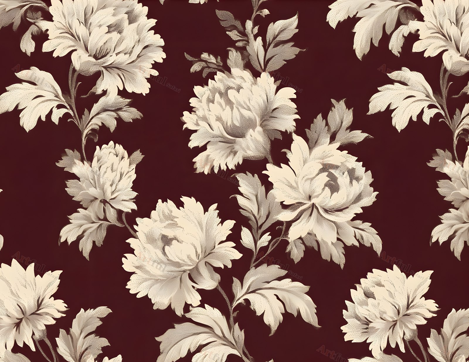 Cream peonies on oxblood — included in Christmas Junk Journal - Gothmas Junk Journal Papers 1, 30 Printable 11x8.5 Pages