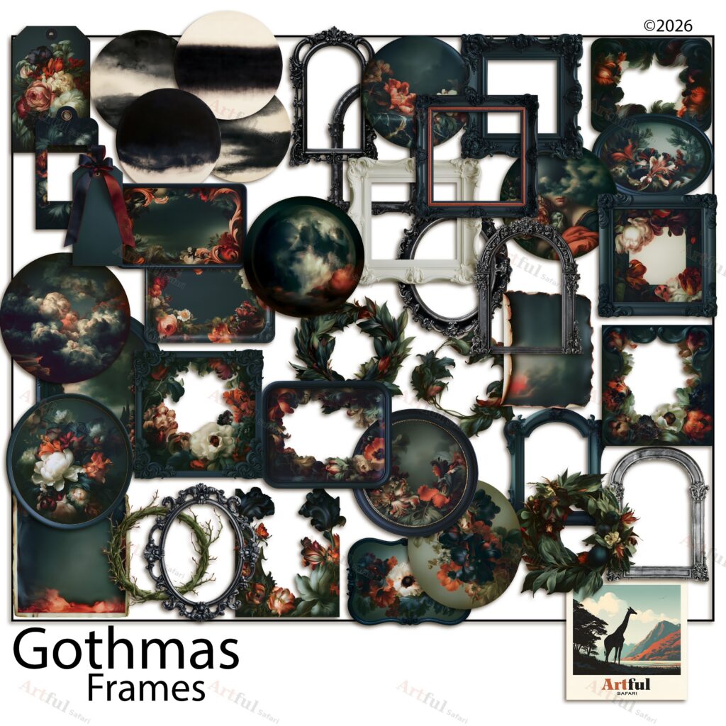 Gothmas Frames — 42 Gothic Dark Christmas Photo Mats and Painted Plates PNG