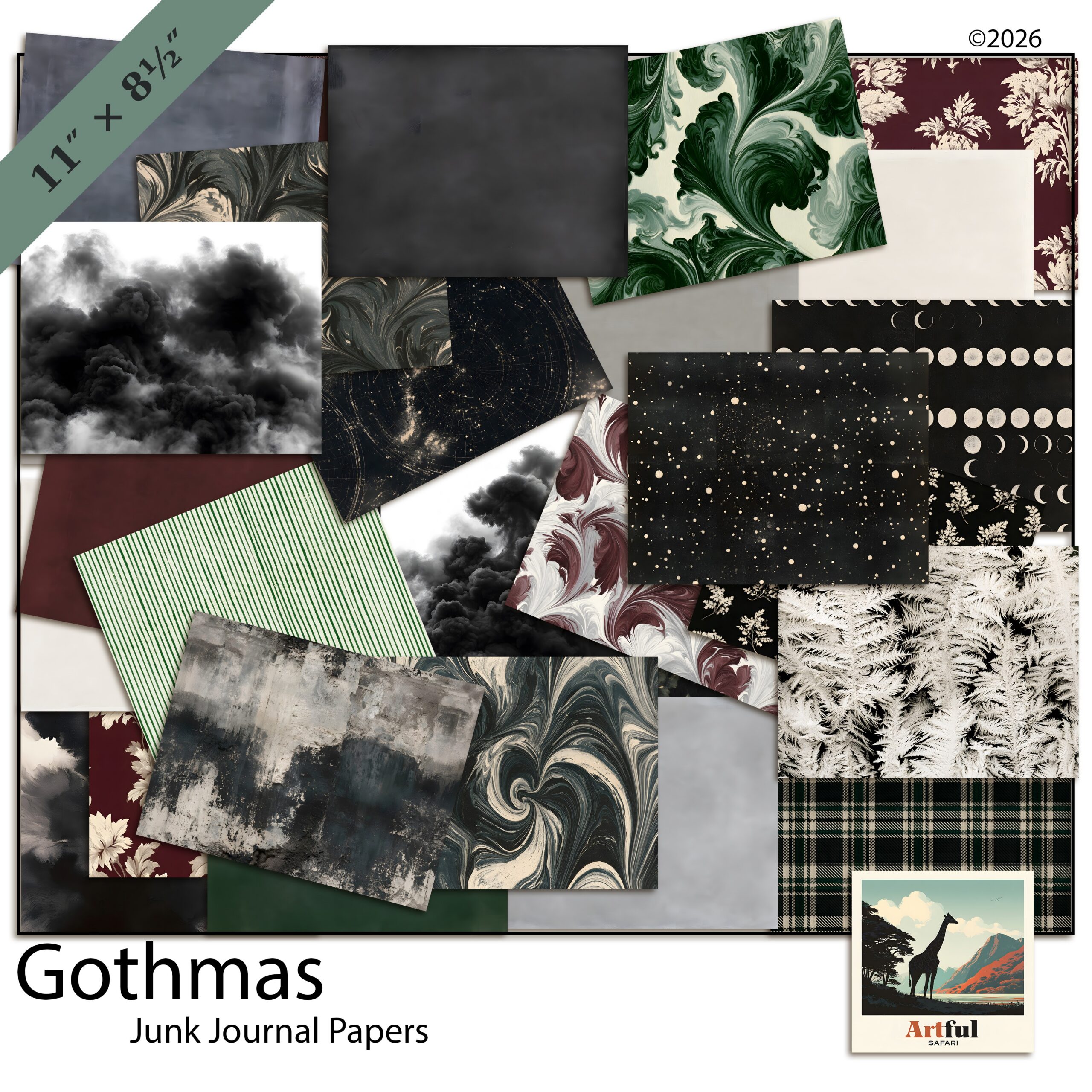 Kit cover for Gothmas, thirty dark Christmas junk journal pages overlapping on a white ground.