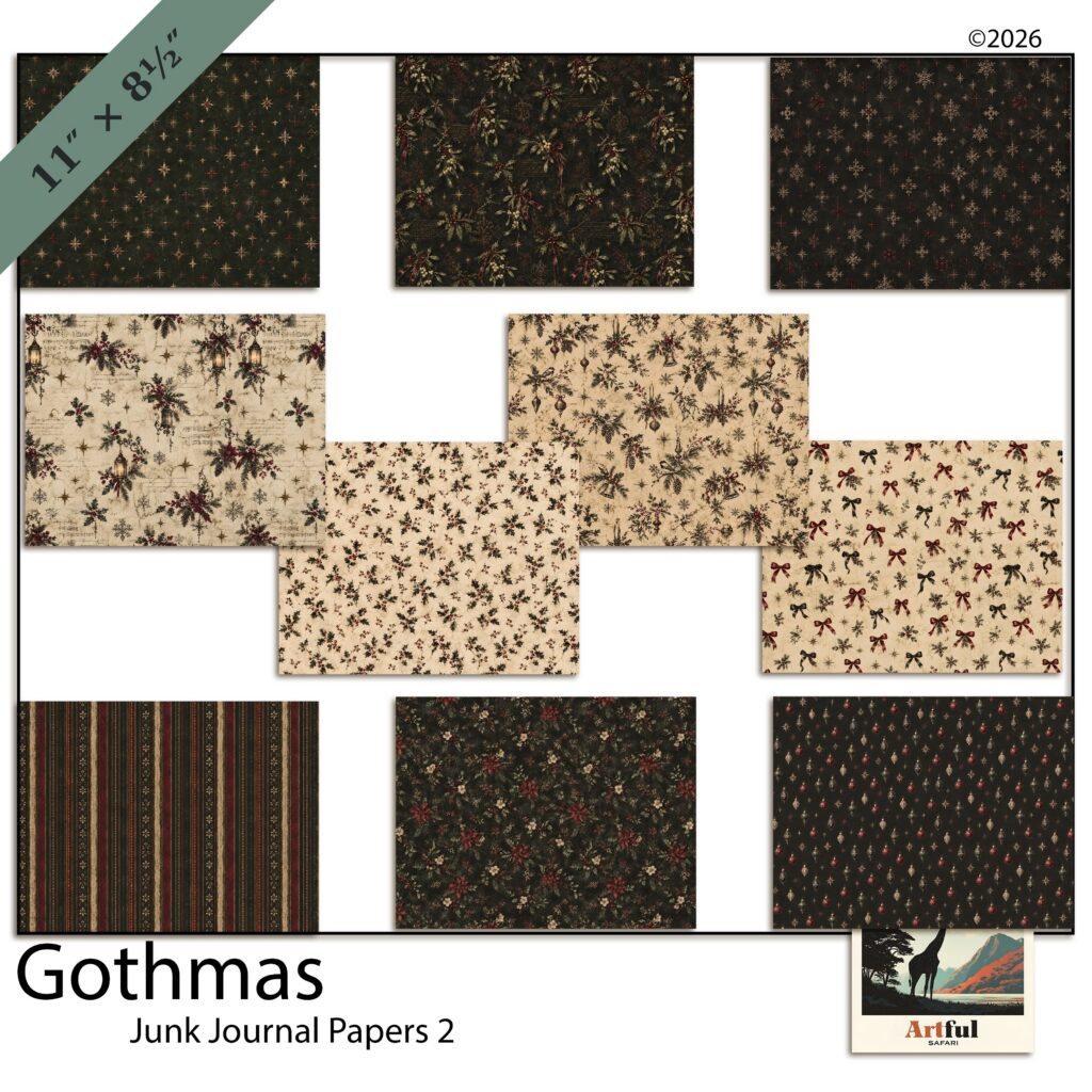 Victorian Christmas Junk Journal Pages - Gothmas Junk Journal Papers 2, 10 Printable 11x8.5 Pages