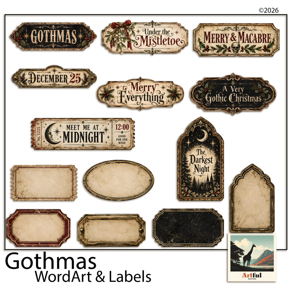 Gothmas Word Art — 14 Gothic Christmas Word Art PNGs and Blank Labels