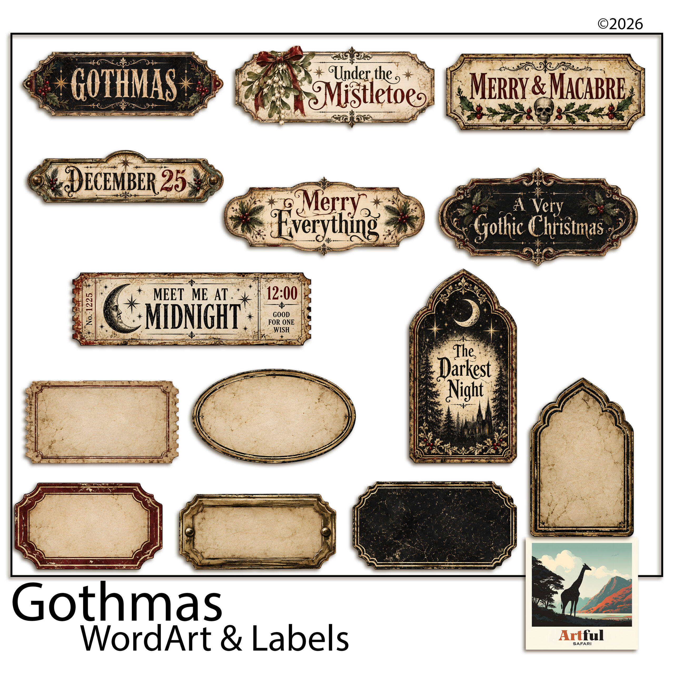 Gothmas Word Art — 14 Gothic Christmas Word Art PNGs and Blank Labels