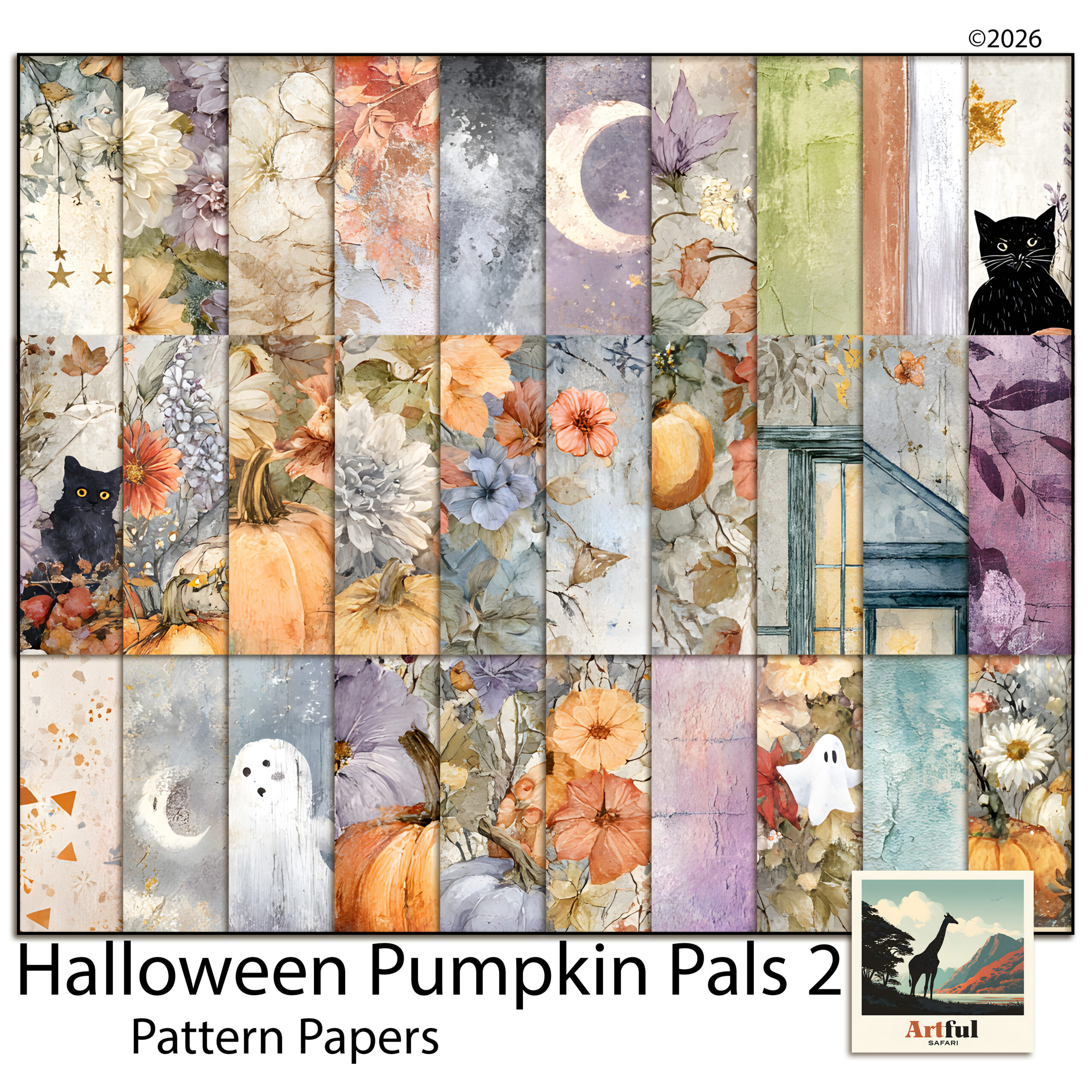 Halloween Pumpkin Pals 2 Pattern Papers - Halloween Scrapbook Paper, 30 Pieces
