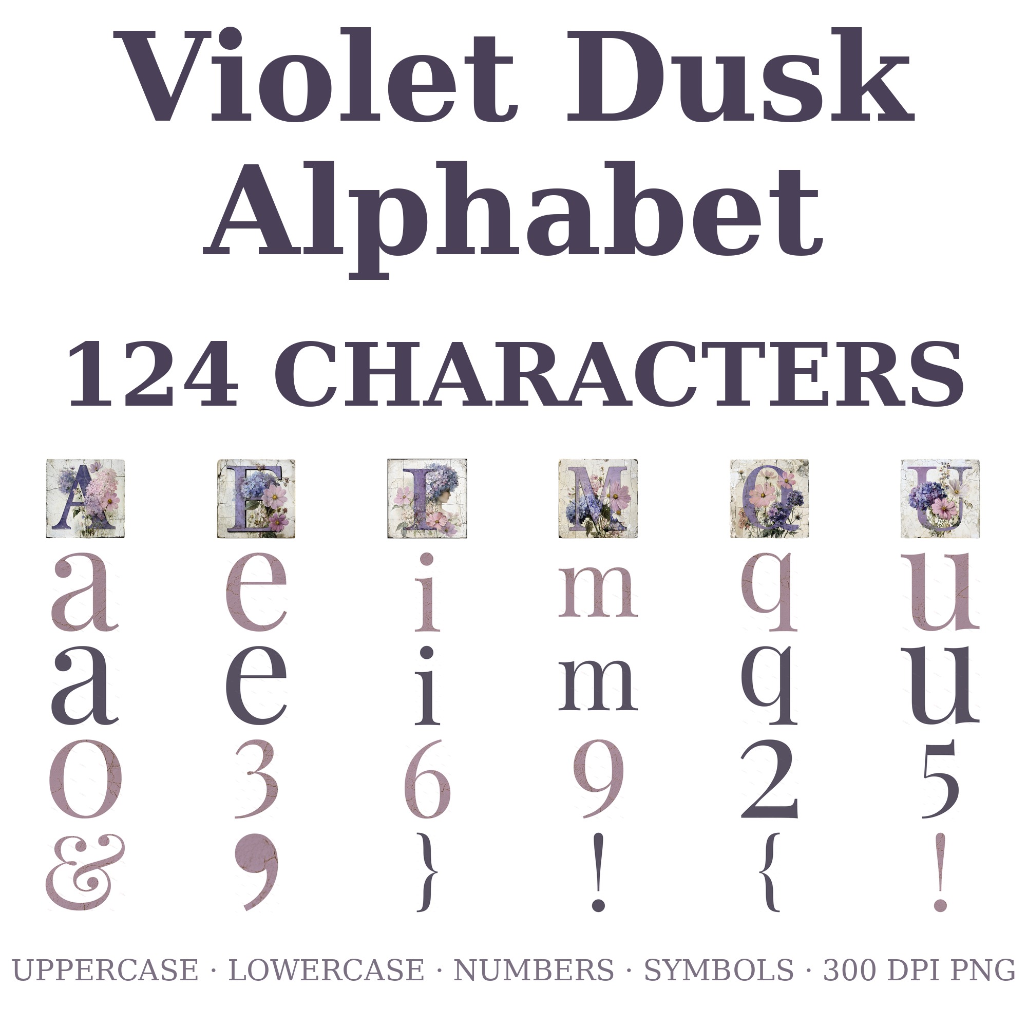 Violet Dusk Alphabet, 124 characters of letter clipart shown together