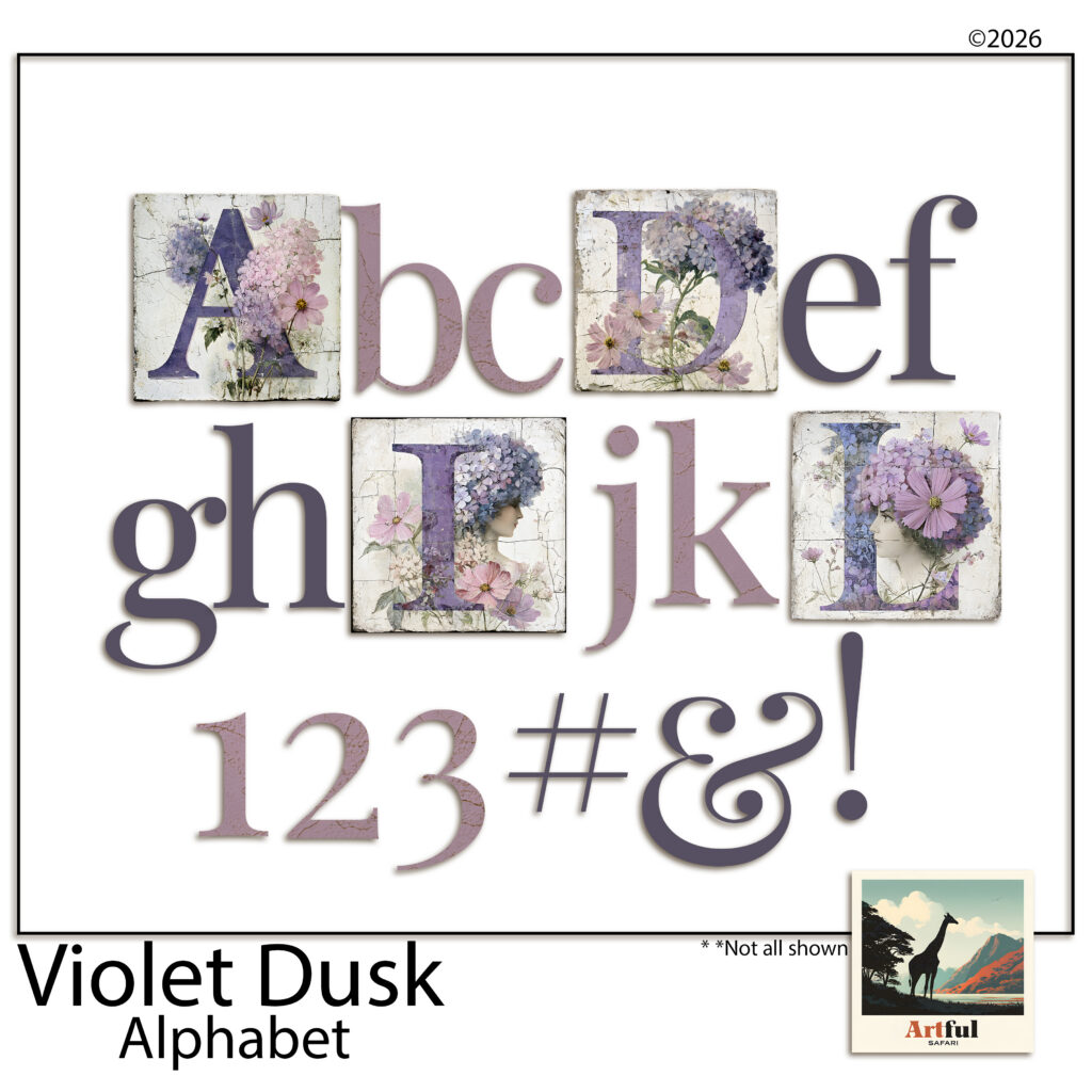 Violet Dusk Alphabet kit cover, purple hydrangea letters on cracked plaster