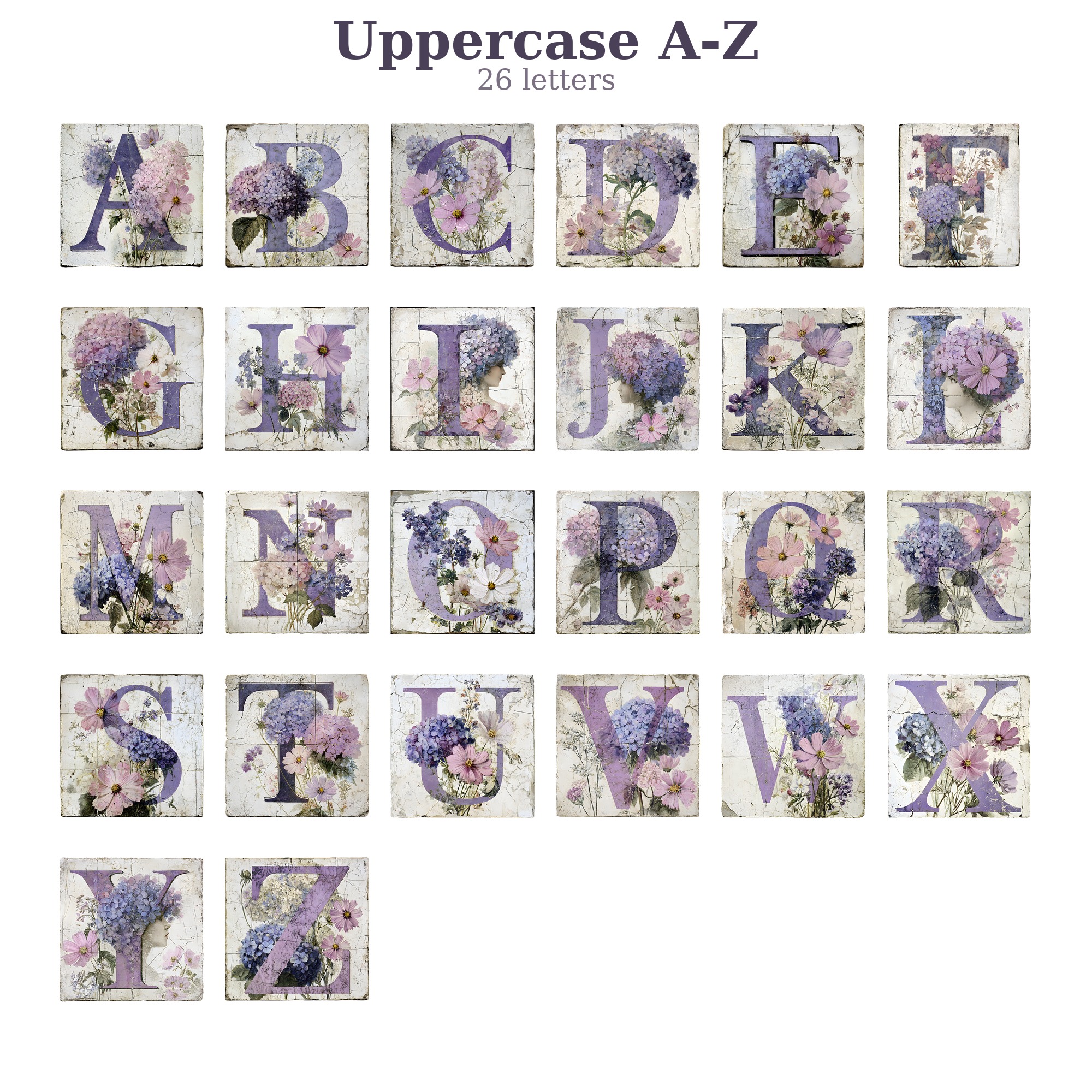 All 26 uppercase letters on floral plaster tiles