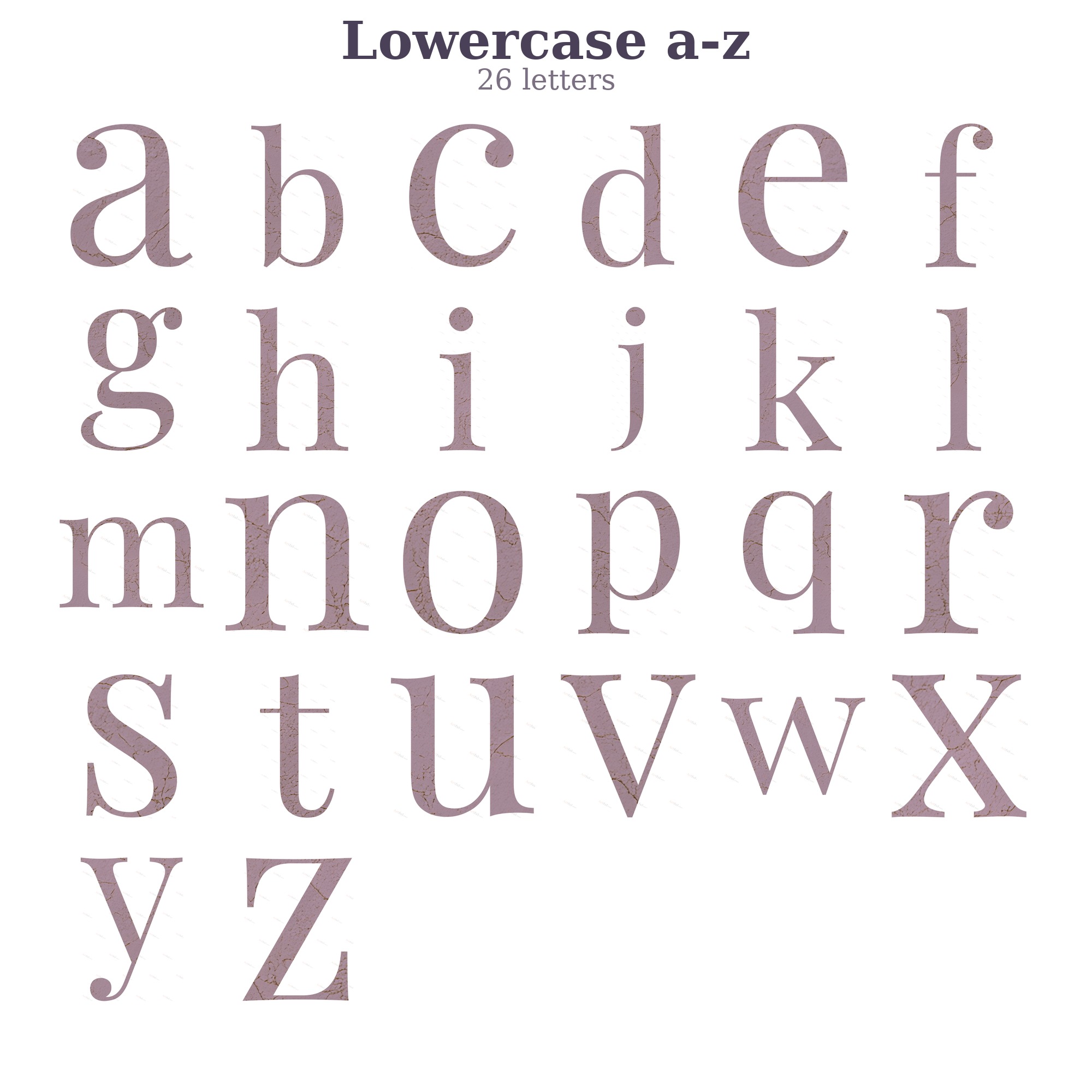 All 26 lowercase letters in dusty rose