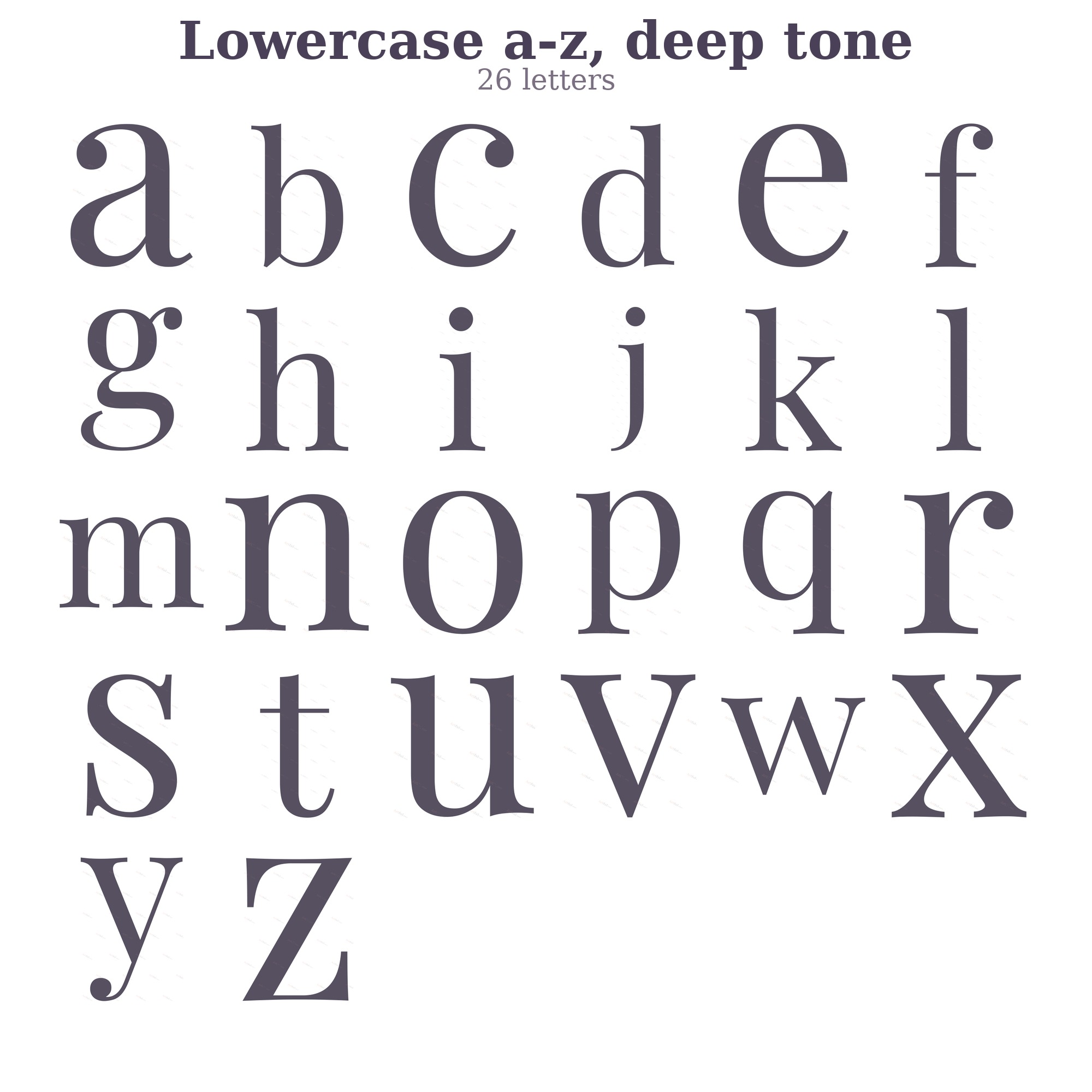 All 26 lowercase letters in deep plum