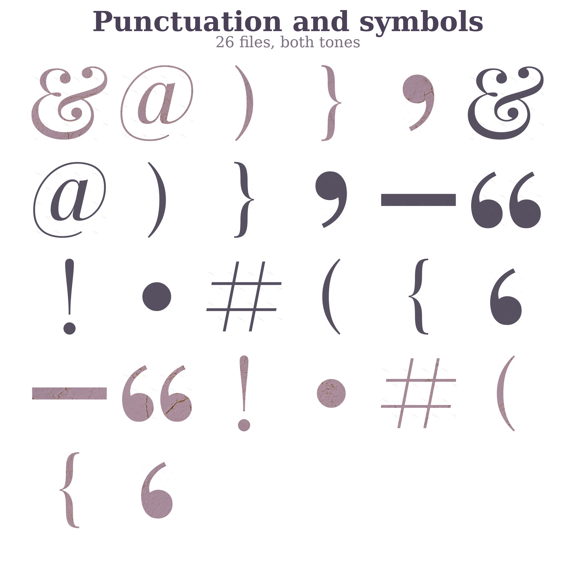 Twenty six punctuation marks and symbols in both tones