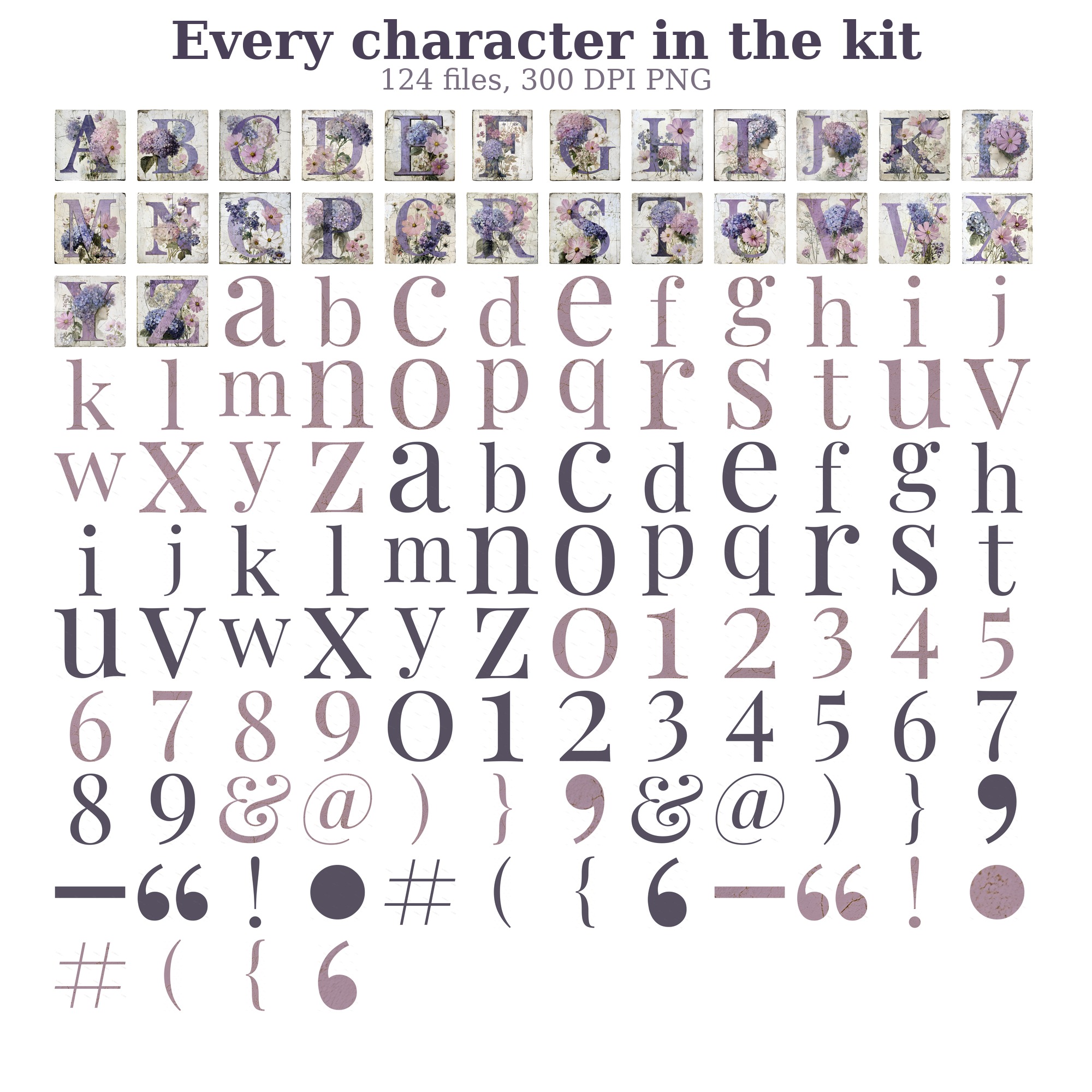 Every one of the 124 characters in the kit on one sheet