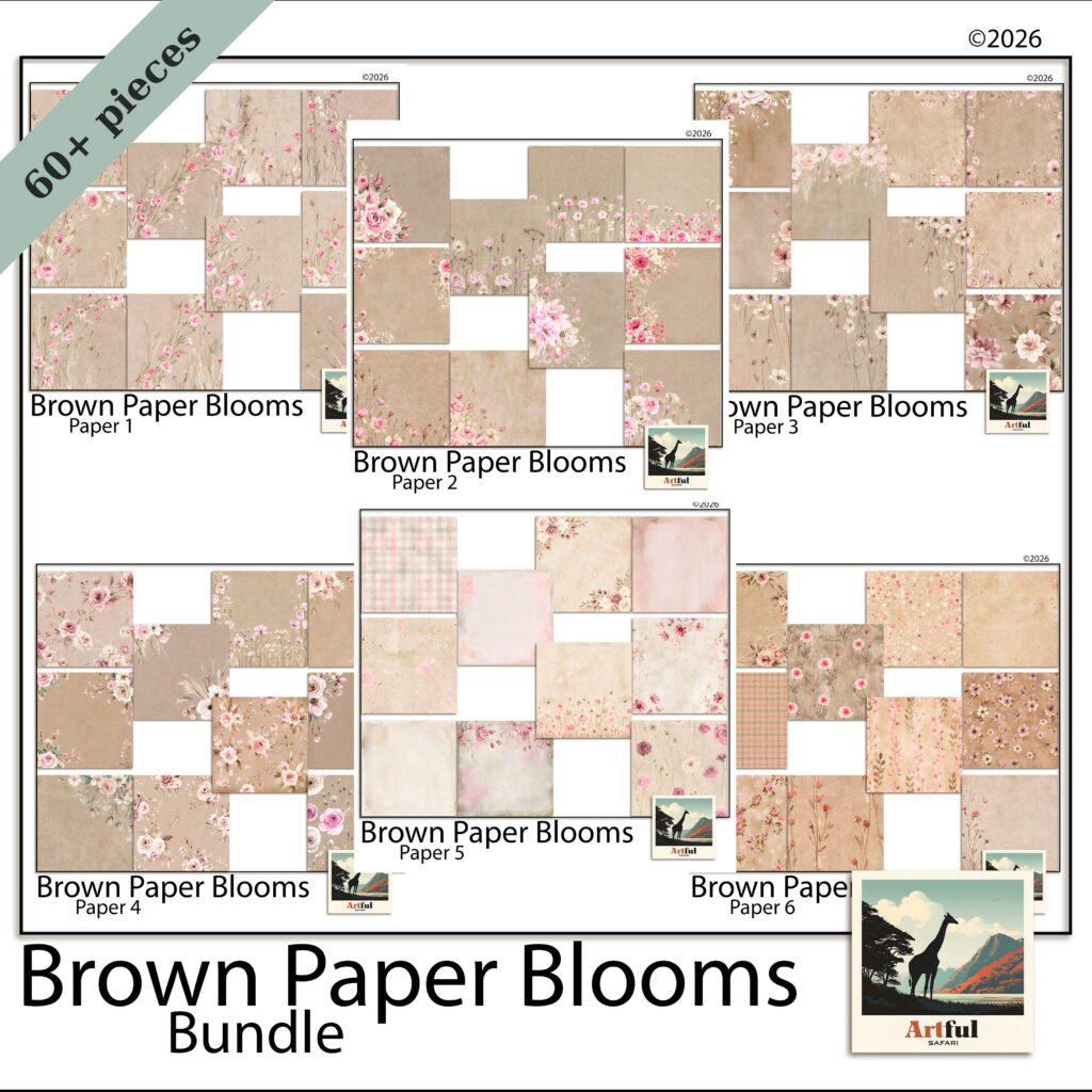 Floral Scrapbook Paper - Brown Paper Blooms Bundle, 60 Printable 12x12 Sheets