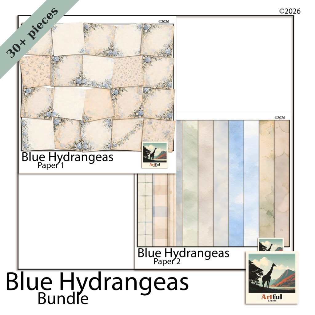 Blue Floral Background Papers - Blue Hydrangeas Bundle, 30 Printable 12x12 Scrapbook Sheets
