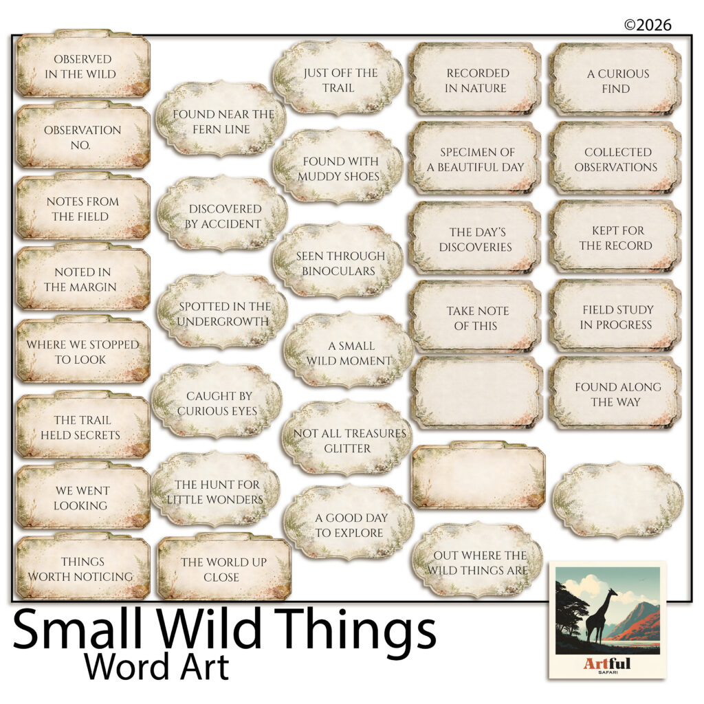 Thirty-three aged specimen labels with fern borders from the Small Wild Things Word Art kit