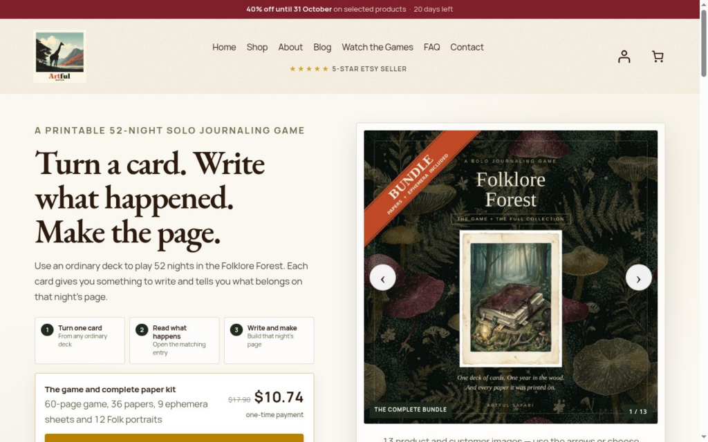 Junk journal prompts from a card deck: Folklore Forest landing page showing turn one card, read what happens, write and make