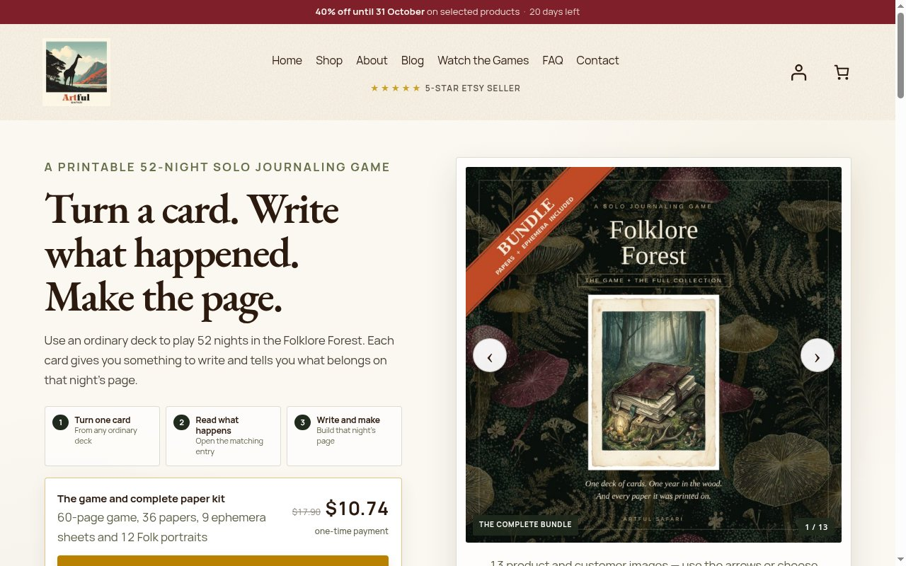 Junk journal prompts card-draw loop on Folklore Forest landing page