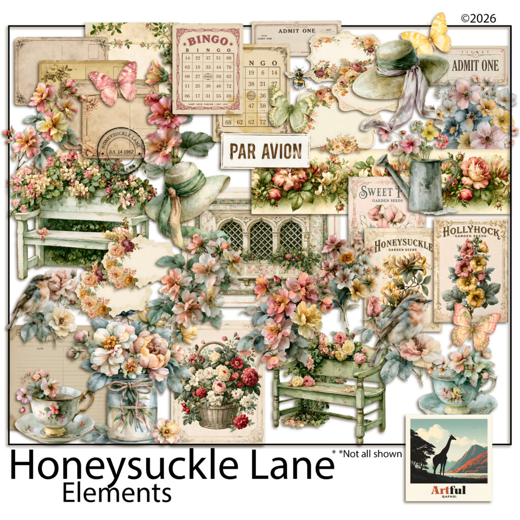 Floral Clipart: Honeysuckle Lane Cottage Garden Scrapbook Elements, 53 PNGs