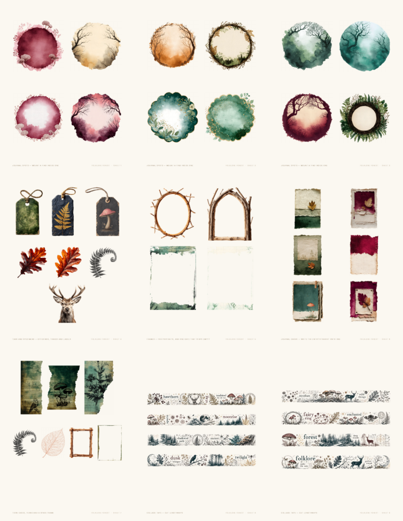 Contact sheet of 44 Folklore Forest junk journal ephemera pieces: watercolour spots, hanging tags, leaf specimens, frames, journal cards and word tape