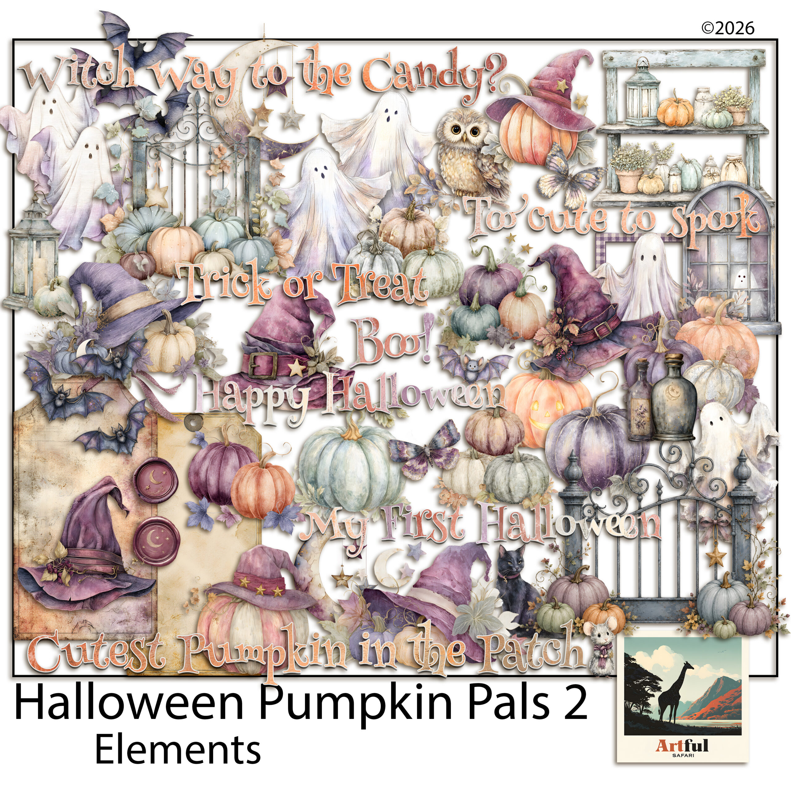 Halloween Pumpkin Pals 2 Elements - Halloween Clipart, 48 Pastel PNGs