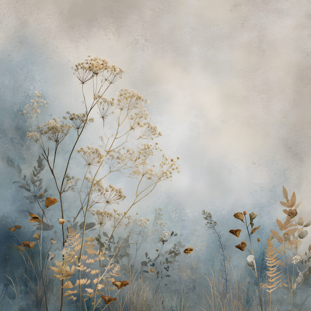 Misty blue paper with dried grasses, a quiet background for a mushroom journal page