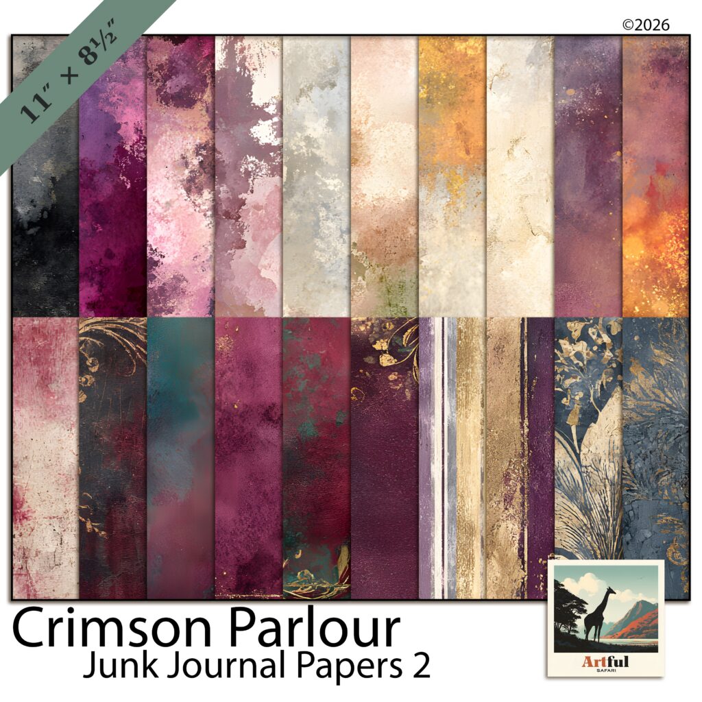 Burgundy and Gold Paper: 20 Printable Junk Journal Pages, Crimson Parlour Junk Journal Papers 2