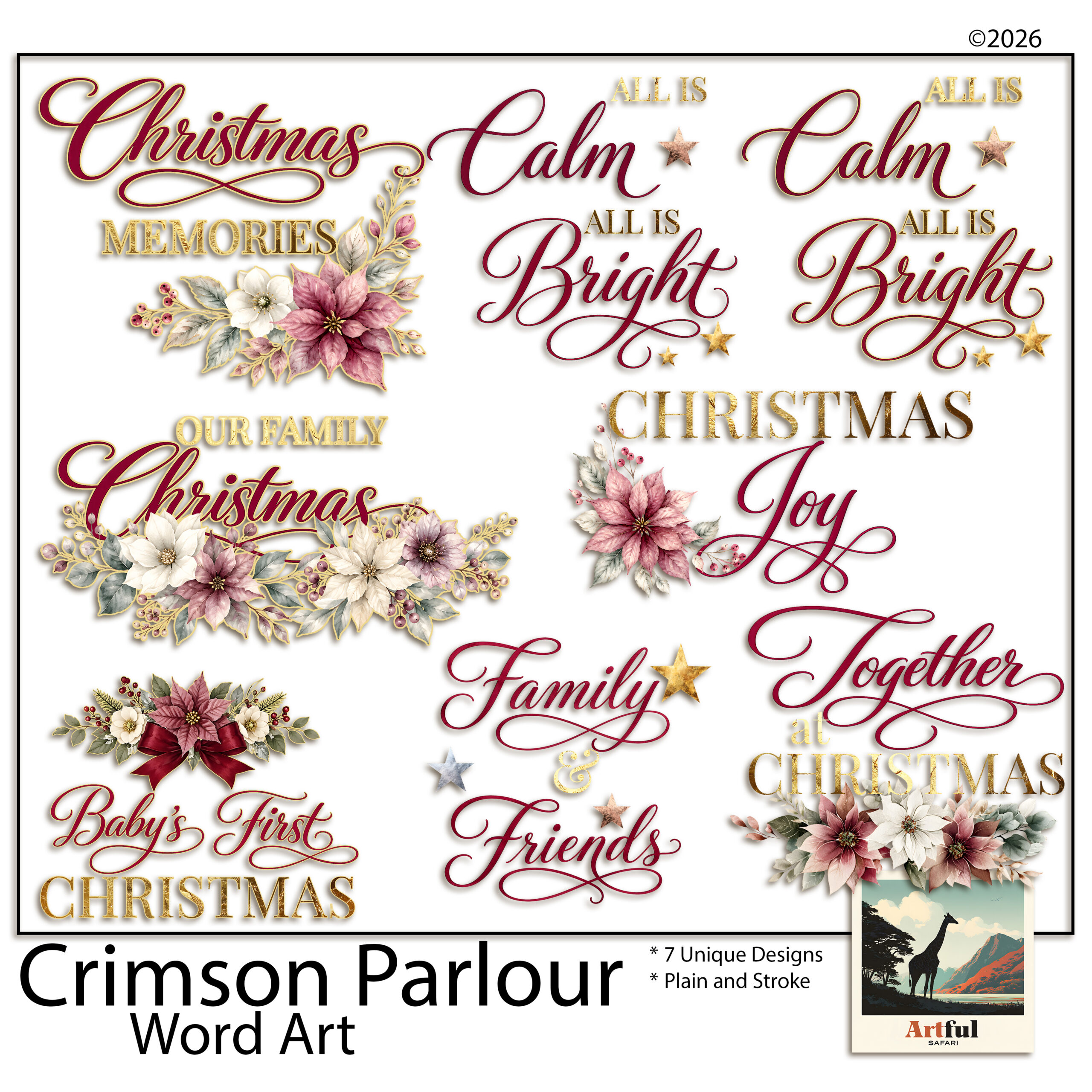 Scrapbook Titles: 14 Victorian Christmas Word Art PNGs, Crimson Parlour Titles